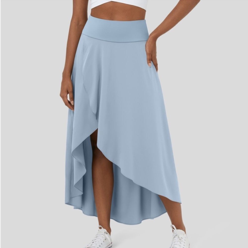 Halara High Waisted High Low Ruffle 2-in-1 Flare Mesh Maxi Skirt Blue M‎
